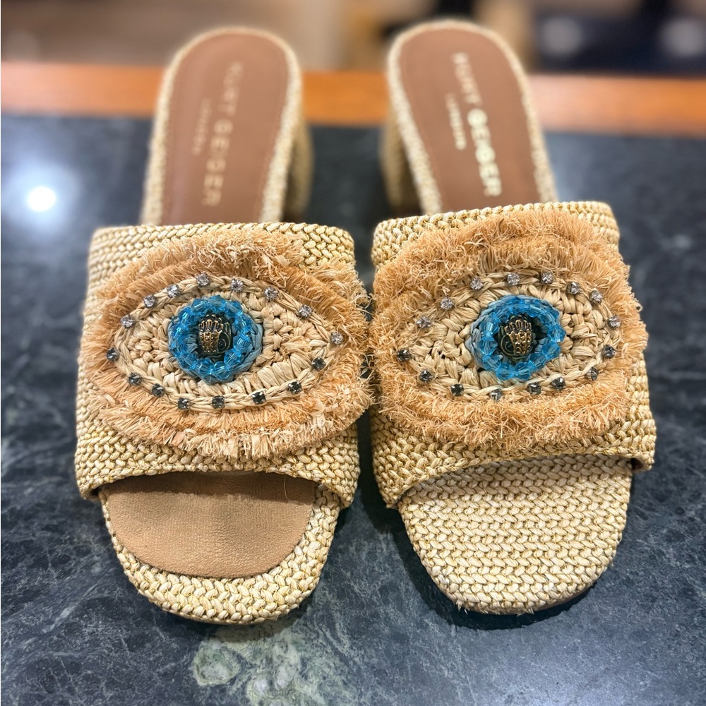 Kurt Geiger Tan and Blue Woven Mules